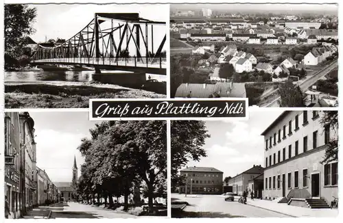 Gruß aus Plattling, m. u.a. Postgebäude, 1965 gebr. Mehrbild sw-AK