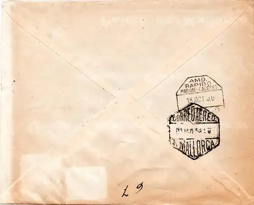 Spanien 1950, Luftpost Brief v. Torrijo n. Mallorca m. rs. AMB. Rapido Bahnpost