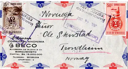 Venezuela 1952, 15+50 C. auf  Luftpost Brief v. Barquisimeto n. Norwegen