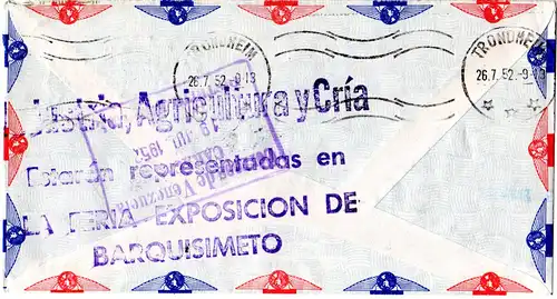 Venezuela 1952, 15+50 C. auf  Luftpost Brief v. Barquisimeto n. Norwegen