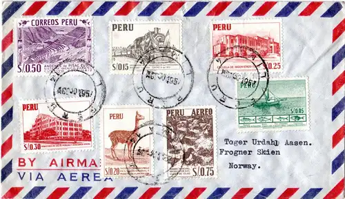 Peru 1954, 7 Marken auf attraktivem Luftpost Brief v. Lima n. Norwegen