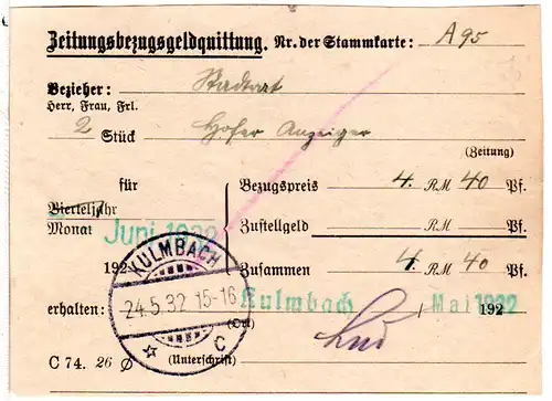 DR 1932, Postformular Zeitungsbezugsgeldquittung m. 2 Stempeln v. KULMBACH
