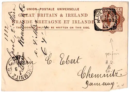 GB 1882,1d Ganzsache m. perfin Firmenlochung  H.R.&Co. v. Liverpool n. Sachsen