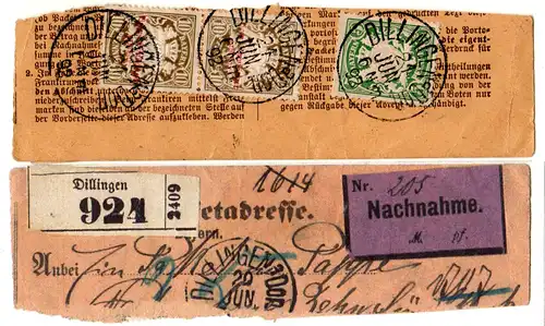 Bayern 1892, Mischfrankatur Frei-/Portomarken auf Briefstück v. Dillingen