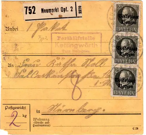 Bayern 1919, Posthilfstelle KETTINGWÖRTH Taxe Beilngries auf Paketkte m. 3x25 Pf