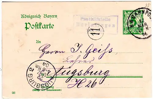 Bayern 1904, Posthilfstelle BURALFINGEN Taxe Pfuhl auf 5 Pf. Ganzsache