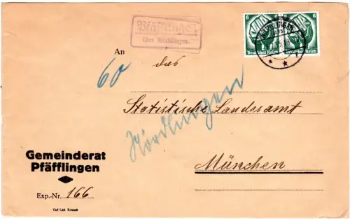 DR 1935, Landpost Stpl. Pfäfflingen über Nördlingen auf Brief m. MeF 6 Pf.
