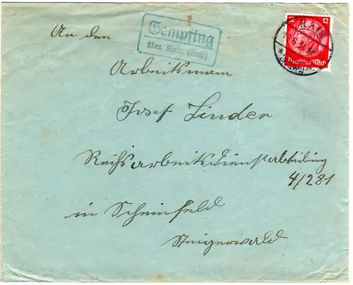 DR 1941, Landpost Stpl. GEMPFING über Rain (Lech) auf Brief m. 12 Pf. 