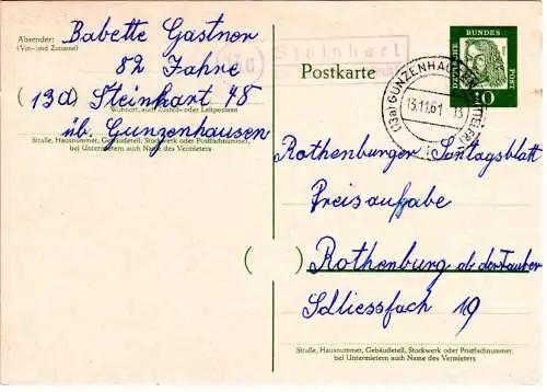 BRD 1961, Landpost Stpl. 13a STEINHART über Gunzenhausen auf 10 Pf. Ganzsache
