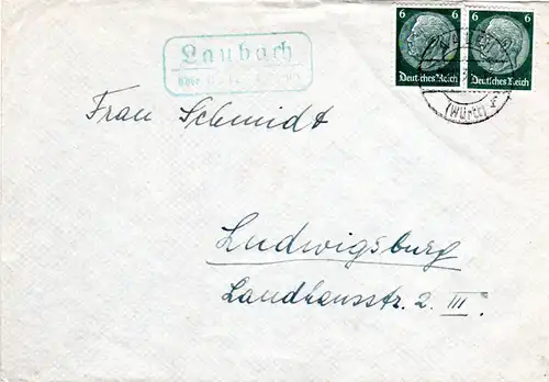 DR 1932, Landpost Stpl. LAUBACH über Aalen auf Brief m. 2x6 Pf.