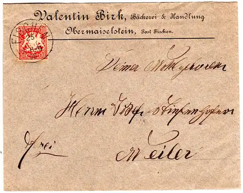 Bayern 1890, 10 Pf. auf Firmen Brief v. Obermaiselstein m. K1 FISCHEN