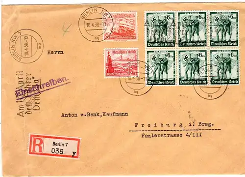 DR 10.4.1938, 6er-Block 6 Pf. + 8+12 Pf. WHW auf Einschreiben Brief v. Berlin