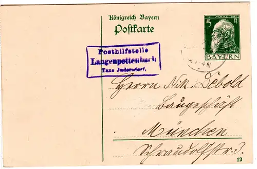 Bayern 1913, Posthilfstelle LANGENPETTENBACH Taxe Jndersdorf auf 5 Pf. Ganzsache