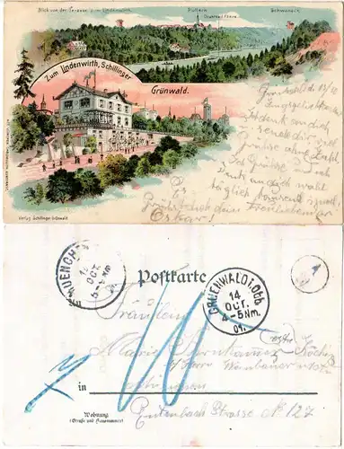Grünwald b. München m. Gasthof Zum Lindenwirt Schillinger, 1901 gebr. Litho-AK