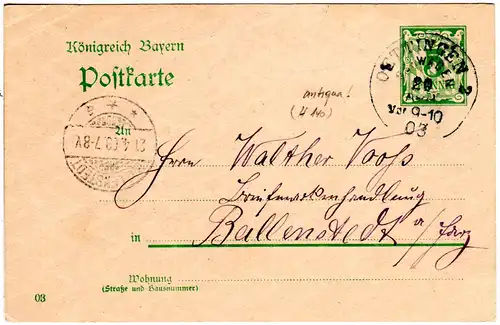 Bayern 1903, seltener Antiqua-K1 OETTINGEN 2 SCHWABEN klar auf 5 Pf. Ganzsache.