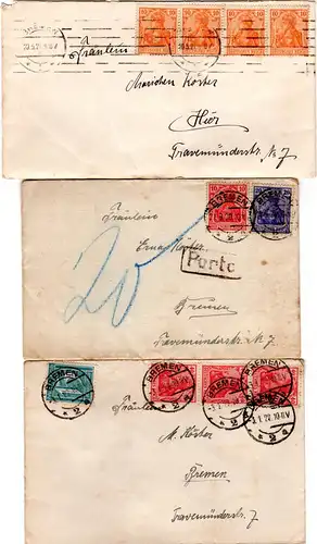 DR 1920/22, 3 Bremen Ortsbriefe m. Germania Frankaturen u. 1mal m. R1 PORTO