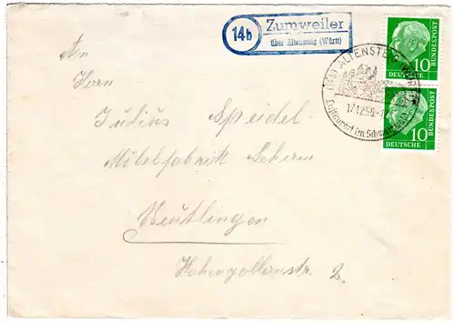BRD 1956, Landpost Stempel 14b ZUMWEILER über Altensteig auf Brief m. 2x10 Pf. 