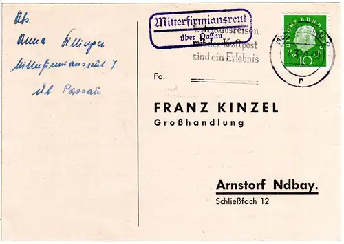 BRD 1960, Landpost Stpl. MITTERFIRMIANSREUTH über Passau klar auf Karte m. 10 Pf