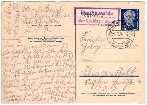 DDR 1954, Landpost Stempel HEUKEWALDE über Schmölln auf 12 Pf. Ganzsache