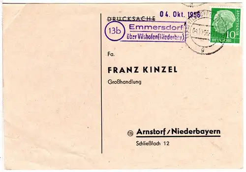 BRD 1956, Landpost Stpl. 13b EMMERSDORF über Vilshofen auf Karte m. 10 Pf.