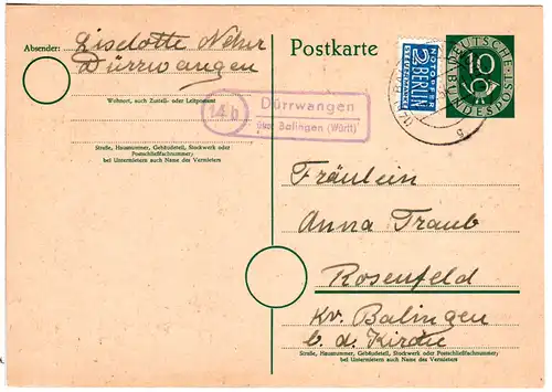 BRD 1954, Landpost Stempel 14b DÜRRWANGEN über Balingen auf 10 Pf. Ganzsache