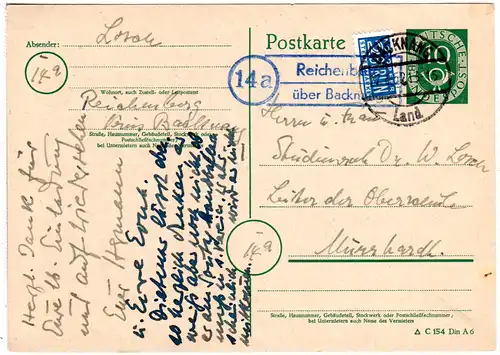 BRD 1952, Landpost Stempel 14a REICHENBERG über Backnang auf 10 Pf. Ganzsache