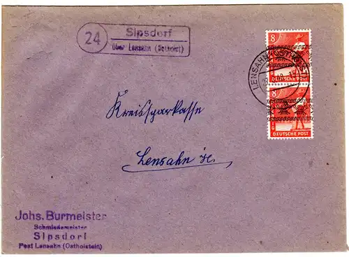1948, Landpost Stpl. 24 SIPSDORF über Lensahn auf Brief m. MeF 2x8 Pf.