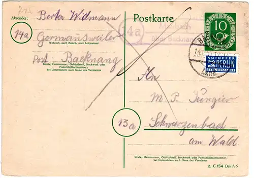 BRD 1951, Landpost Stempel 14a MAUBACH über Backnang auf 10 Pf. Ganzsache