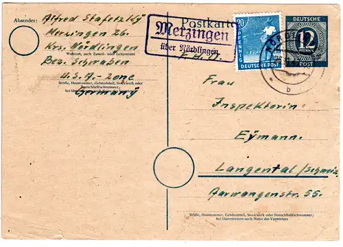 1947, Landpost Stempel MERZINGEN über Nördlingen auf Ganzsache i.d. Schweiz