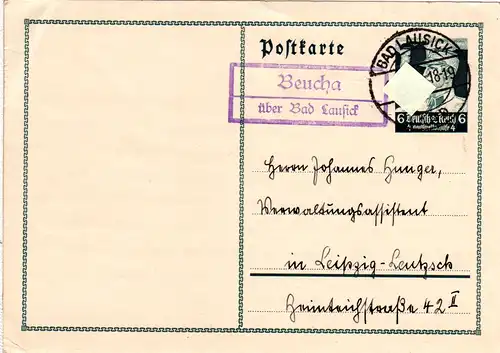DR 1934, Landpost Stempel BEUCHA über Bad Lausick auf 6 Pf. Ganzsache.