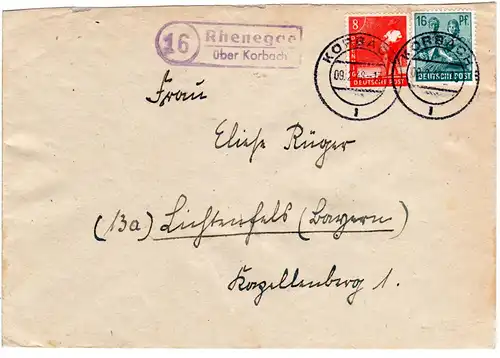1948, Landpost Stpl. 16 RHENEGGE über Korbach auf Brief m. 8+16 Pf.