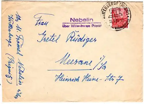 DDR 1959, Landpoststempel NEBELIN über Wittenberge auf Brief m. 20 Pf. 