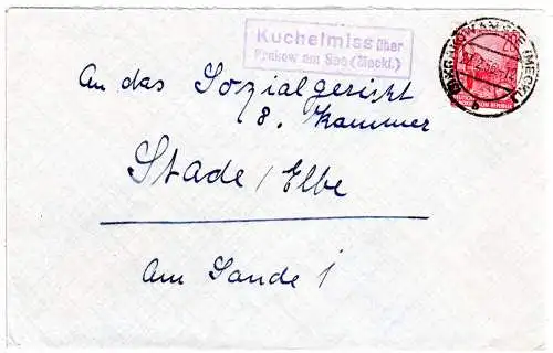 DDR 1956, Landpoststempel KUCHELMISS über Krakow am See auf Brief m. 20 Pf. 