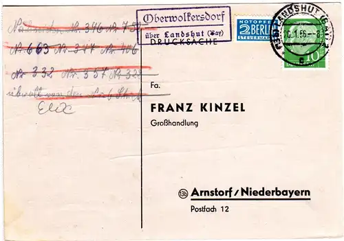 BRD 1956, Landpost Stpl. OBERWOLKERSDORF über Landshut klar auf Karte m. 10 Pf.
