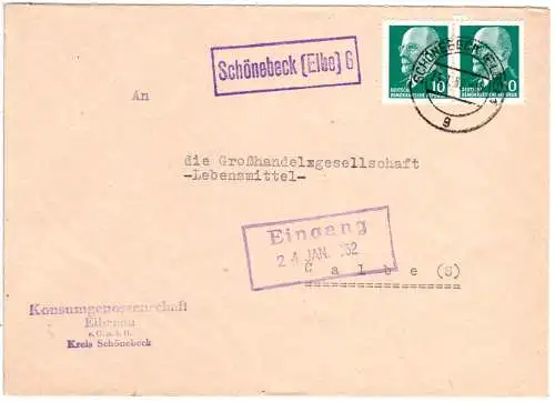 DDR 1962, Landpost Stpl. SCHÖNEBECK (Elbe) 6 auf Brief m. 2x10 Pf. 