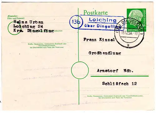 BRD 1956, Landpost Stpl. 13b LOICHING über Dingolfing auf Karte m. 10 Pf.