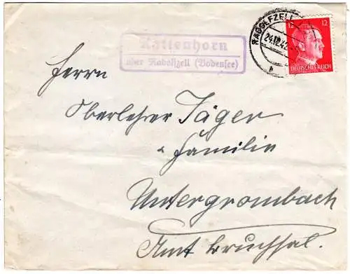 DR 1942, Landpost Stpl. KATTENHORN über Radolfzell auf Brief m. 12 Pf.