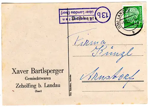 BRD 1957, Landpost Stpl. 13b KLEEGARTEN über Landau auf Karte m. 10 Pf.