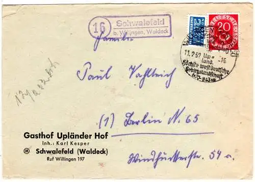 BRD 1952, Landpost Stempel 16 SCHWALEFELD b. Willingen auf Brief m. 20 Pf. 