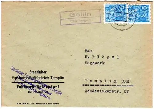 DDR 1953, Landpost Stpl. GOLLIN über Templin auf Brief m. 2x10 Pf. 