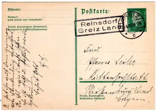 DR 1932, Landpost Stempel REINSDORF GREIZ LAND auf 8 Pf. Ganzsache.