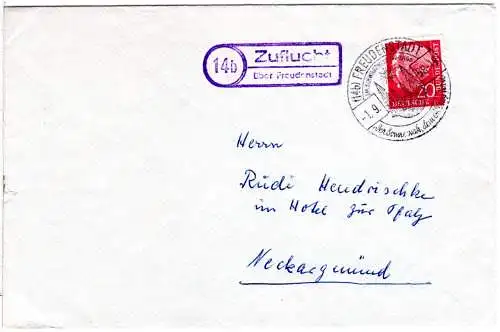 BRD 1958, Landpost Stempel 14b ZUFLUCHT über Freudenstadt auf Brief m. 20 Pf. 