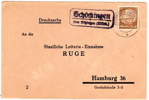 DR 1939, Landpost Stpl. SCHÖCKINGEN über Ditzingen auf Drucksache Brief m. 3 Pf.