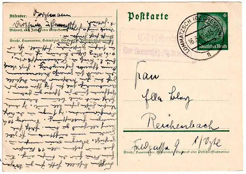 DR 1940, Landpost Stpl. DÖRSCHNITZ über Lommatzsch ( Dreden) auf 6 Pf. Ganzsache
