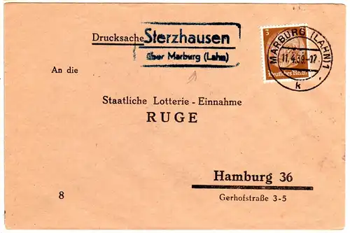 DR 1939, Landpost Stpl. STERZHAUSEN über Marburg auf Drucksache Brief m. 3 Pf.