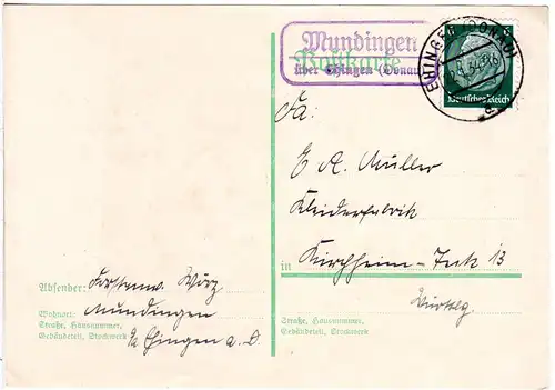 DR 1934, Landpost Stpl. MUNDINGEN über Ehingen auf 6 Pf. Ganzsache.