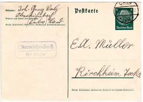 DR 1935, Landpoststpl. OBERREICHENBACH über Calw auf 6 Pf. Ganzsache