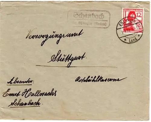 DR 1937, Landpoststpl. SCHANBACH über Esslingen auf Brief m. 12 Pf. 