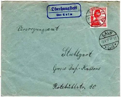 DR 1937, Landpoststpl. OBERHAUGSTETT über Calw auf Brief m. 12 Pf. 