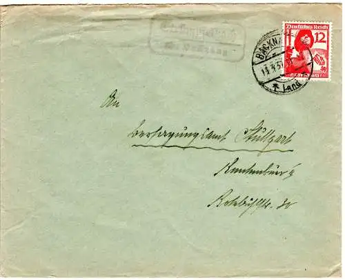 DR 1937, Landpoststpl. STRÜMPFELBACH über Backnang auf Brief m. 12 Pf.